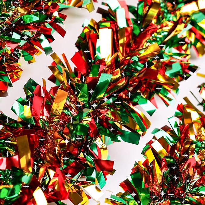 50Ft Christmas Tinsel Garland, Red Grenn Gold Metallic Twist Garland for Xmas Tree Decorations, Tinsel for New Year Party Ceiling Hanging Decorations Indoor and Outdoor Decor