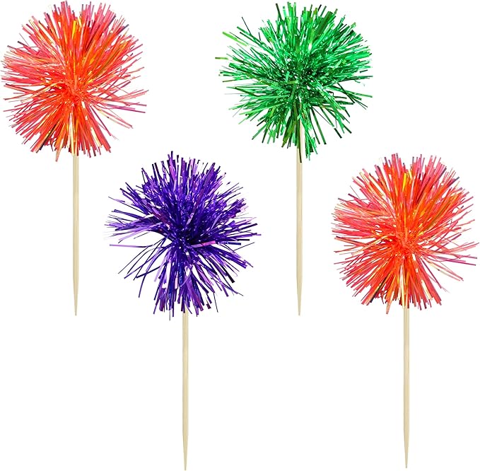 Gyufise 30Pcs Foil Firework Cupcake Toppers Sparkle Tinsel Cake Toppers Tinsel Drink Cake Decoration Cocktail Picks for Halloween Birthday Wedding Graduation Party Supplies Purple Green Orange