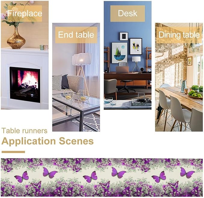 Floral Butterfly Spring Table Runner, Purple Flowers Seasonal Kitchen Dining Table Decoration for Home Party Decor 13x60 Inch