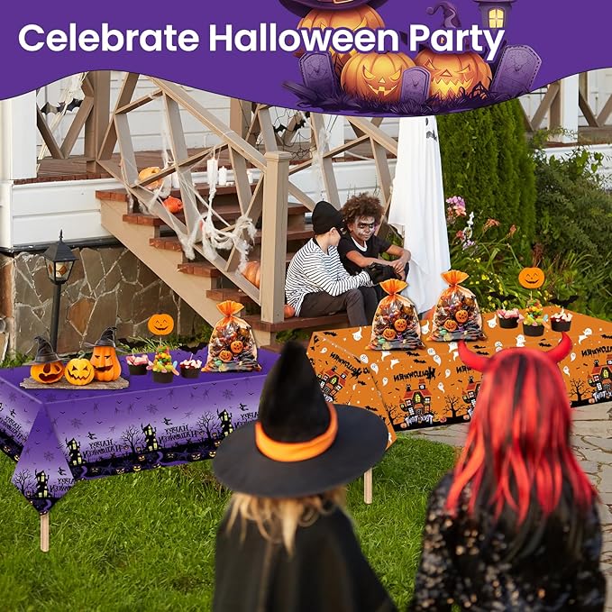 2 PCS Halloween Tablecloth Disposable Plastic - Spooky Plastic Table Cloths Purple Black & Orange Black with Scary Bat Ghost House Spiderweb Rectangular Table Cover for Party Decorations, 54"x108"