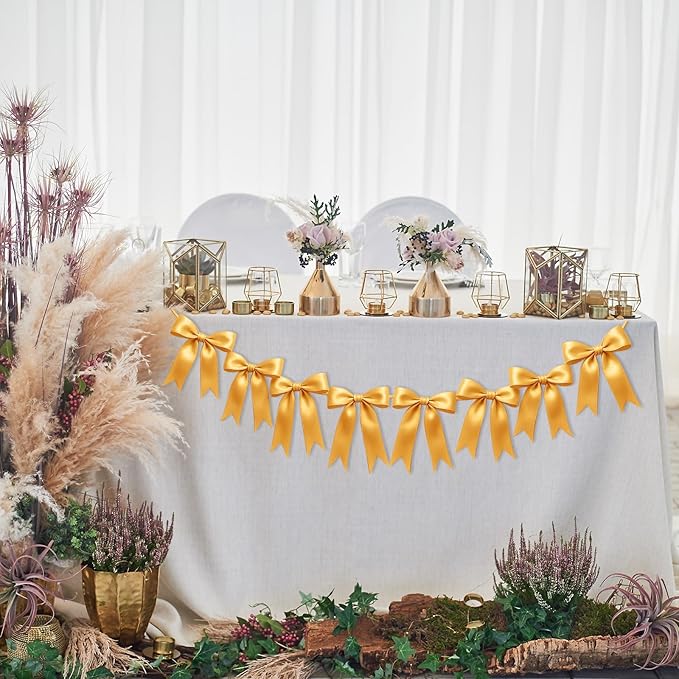 1 String of 8PCS Golden Bow Garland Banner Decoration,Pre-Strung Satin Ribbon Ornaments for Birthday,Bachelorette Party,Bridal Shower,Wedding,Engagement,Baby Shower,Graduation Decor,Anniversary