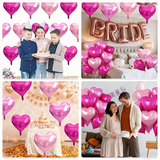 Pastel Pink Heart Balloons, 10 Pcs Hot Pink Heart Shaped Balloon, 18 Inch Light Pink Rose Red Foil Balloons Helium for Girls Women Princess Brithday Bridal Baby Shower Valentines Party Decorations