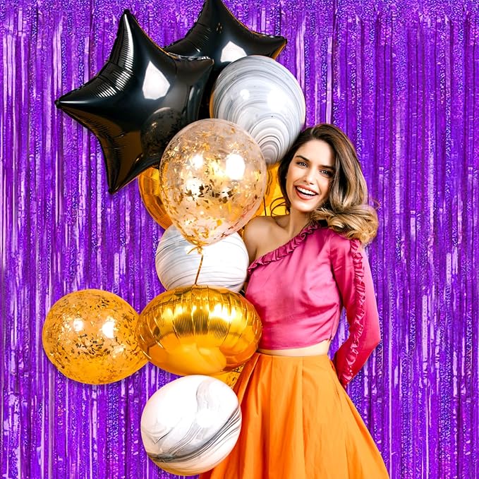 3 Pack Purple Foil Fringe Curtain Backdrop, 3.28Ft x 8.2Ft Metallic Tinsel Foil Fringe Streamer Curtains for Photo Booth, Mother's Day, Easter, Birthday, Wedding Party Decorations