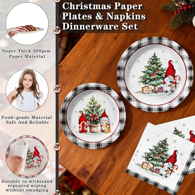 150Pcs Christmas Paper Plates and Napkins Heavy Duty Dinnerware Set Serve 50, Buffalo Plaid Christmas Tree Dinner Plates Disposable Party set, Dwarf Tableware for Holiday Xmas Home Party Supplies