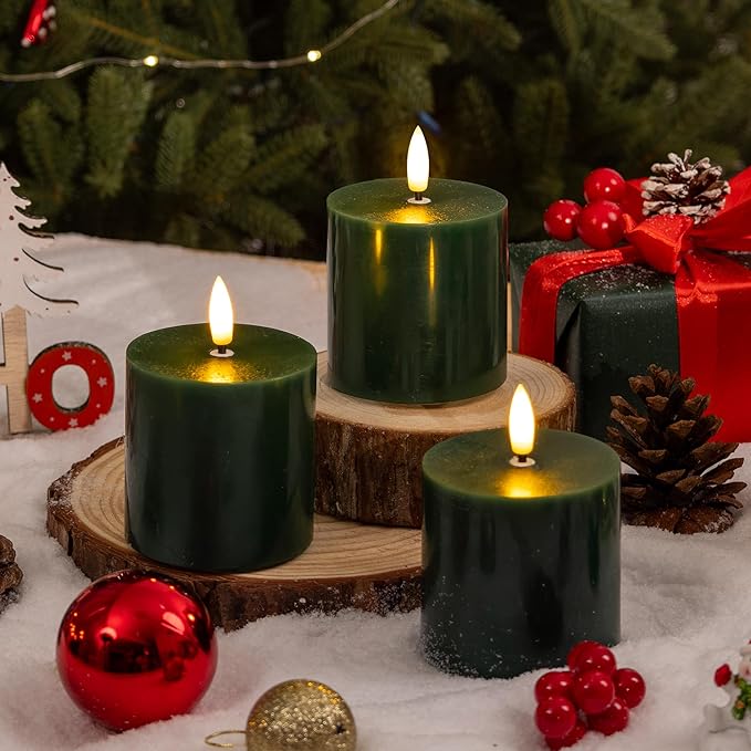Green Flameless Pillar Candles, Real Wax Battery Operated Candles with Remote and Timer, Flickering LED Candles for Christmas Holiday Home Decor,Xmas Gift, Set of 3(3"x3")
