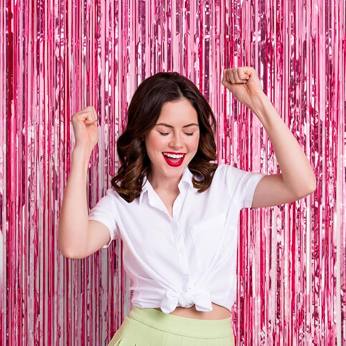 2 Pack Pink Tinsel Foil Fringe Curtains, Pink Party Decorations, Metallic Tinsel Party Streamers Backdrop for Birthday Baby Shower Graduation Wedding Bachelorette Party Decorations