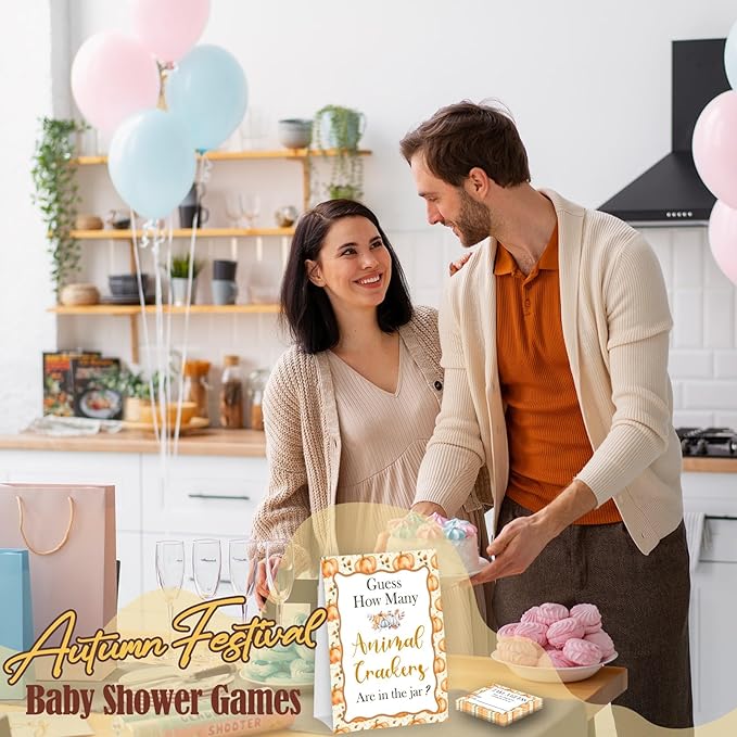 Little Pumpkin Guess How Many Animal Crackers - Thanksgiving Baby Shower Card Set (1 Sign With 50 Guess Cards), Fall Gender Reveal Party Favor Supplies -A23