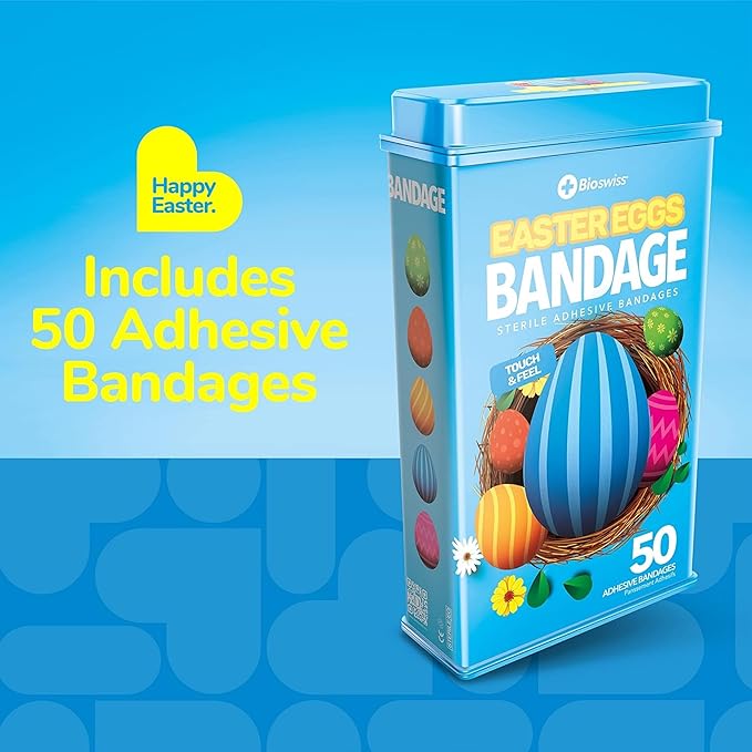 BioSwiss Kids Bandages, Easter Egg Shaped Self Adhesive Bandage Set, Latex Free, Sterile Wound Care, 50 Count