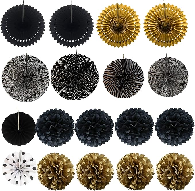 ZERODECO Party Decoration, 21 Pcs Black and Gold Hanging Paper Fans, Pom Poms Flowers, Garlands String Polka Dot and Triangle Bunting Flags for Birthday Parties Wedding Décor, Table & Wall Decorations