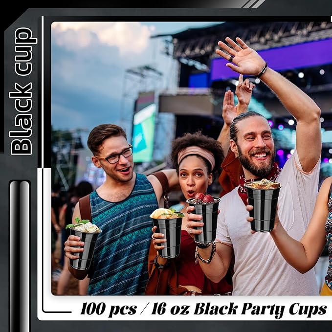 Dualshine 100 Pack Black Plastic Cups 16 oz, Disposable Cups for Party, Heavy Duty Drinking Cups, Halloween Cup for Wedding Birthday Beer Taste Serving Snack Sample Tastings Barbecues Picnic