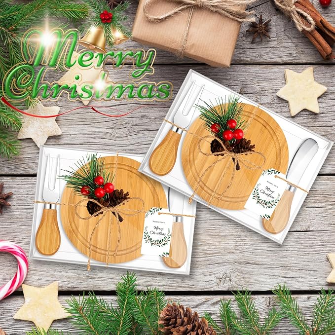 12Set Christmas Gifts Bamboo Round Cheese Board Set Cheese Knives Mini Cutting Board Set Cheese Board Gift Set Christmas Tags and Boxes Christmas Party Birthday