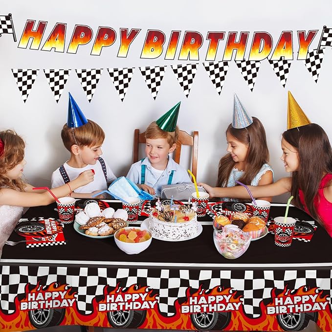 Car Birthday Decorations Kit: Car Theme Party Supplies for 25 - Includes Dinner & Dessert Plates, Napkins, Cups, Banner and Tablecloth for Boys' Racing Car Birthday Party Decorations