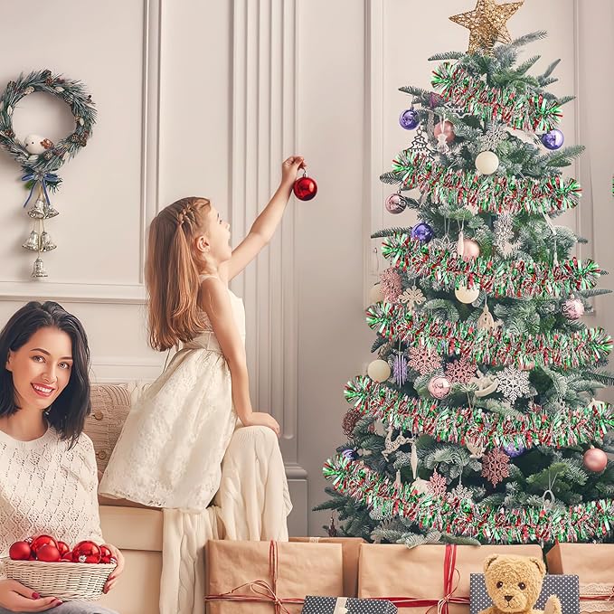 50Ft Christmas Tinsel Twist Garland, Metallic Twist Garland Tree Decorations for Christmas Tree New Year Party Birthday Holiday Supplies Indoor and Outdoor Decoration (Red Green Silver)