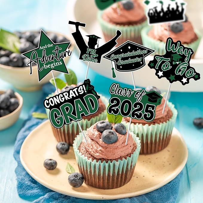 2025 Graduation Cupcake Toppers - 48 Pcs Green Graduation Party Supplies Mini Cake Food/Appetizer Picks For Class of 2025 Grad Decorations