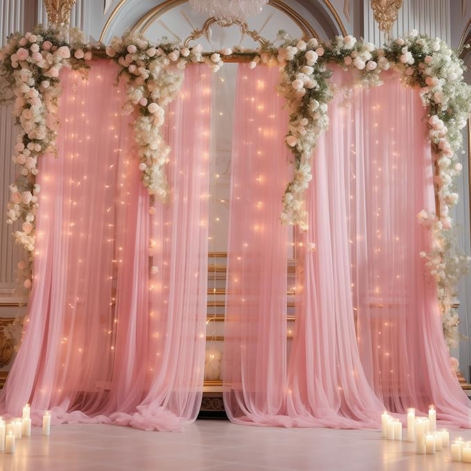 10ft x 8ft Dusty Rose Backdrop Curtain with Lights String for Parties, Sheer Tulle Wedding Photo Backdrops Drapes for Baby Shower Birthday Party Decorations Background for Photography