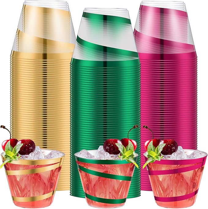 Gejoy 9 oz Rimmed Swirl Plastic Cups Disposable Wine Drinking Cups Clear Elegant Halloween Tumblers for Christmas Party Supplies(Hot Pink, Gold, Green,60 Pcs)