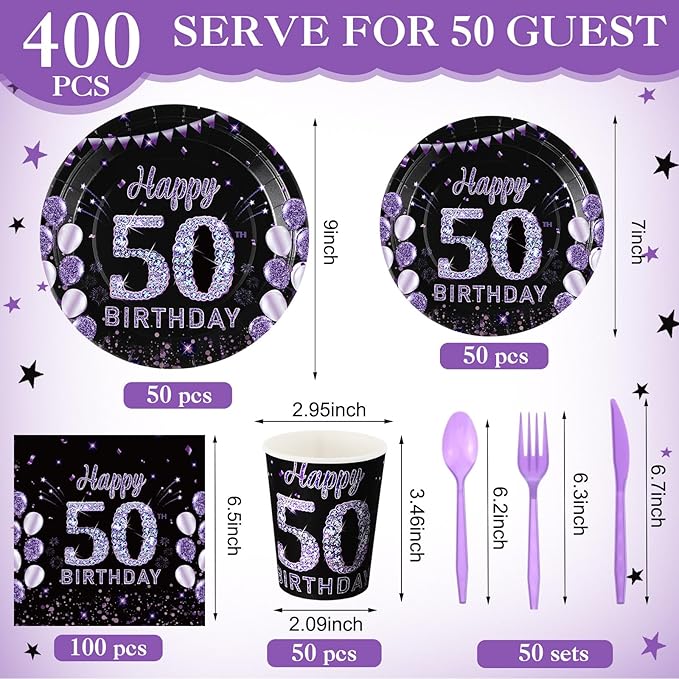 Pickmesh 400 Pcs 50th Birthday Party Supplies Purple Black Happy 50th Birthday Decorations Include Disposable Paper Plates Napkins Cups Cutlery for Men Women Party Decorations Serve 50