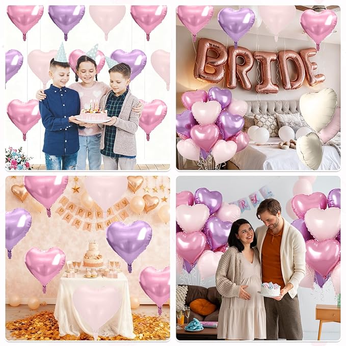 Pink Purple Heart Balloons, 10 Pcs Light Pink and Purple Heart Shaped Balloon, 18 Inch Pastel Foil Balloons for Girls Women Butterfly Brithday Bridal Baby Shower Wedding Valentines Party Decoration