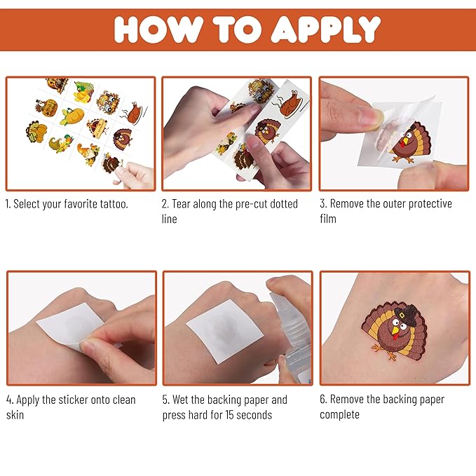 96 PCS Funny Happy Thanksgiving Food Pre-cut Temporary Tattoos Stickers Fall Autumn Birthday Party Decorations Supplies Favors Decor Cute Pumpkin Turkeys Dinner Tattoo Gifts Boys Girls Prizes Holiday