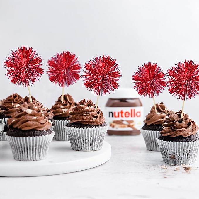 Ephlyn 30Pcs Foil Firework Cupcake Toppers Sparkle Tinsel Cupcake Picks Happy Birthday Cake Toppers Drink Stirrers Cocktail Food Fruit Toothpicks for Baby Shower Birthday Party Supplies Red