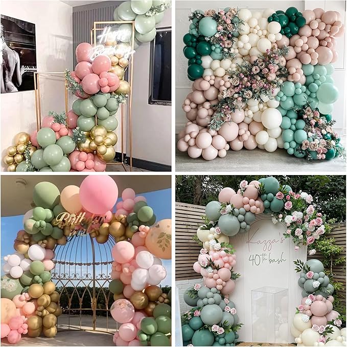 Pink and Green Balloons Retro Sage Green Pink Metallic Gold Confetti Balloons Olive Green Gold Pink Beige Latex Balloon for Easter Jungle Safari Christmas Woodland Birthday Party Decorations