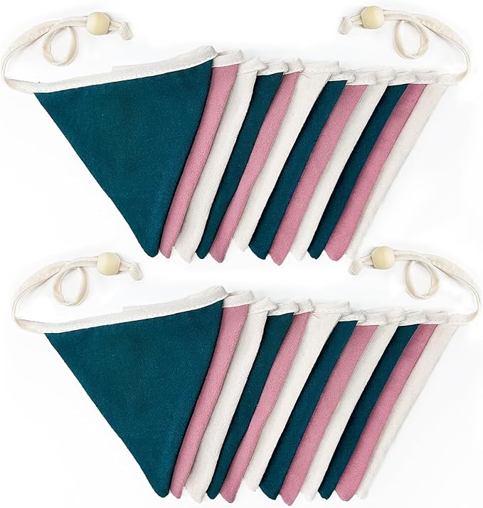 2 Sets of Dusty Pink Green Beige Pennant Banner 24Pcs Flags Nursery Garland Linen Fabric Triangle Bunting Streamers for Kids Girls Birthday Boho Baby Shower Wedding Party Decorations Baby Room Decor