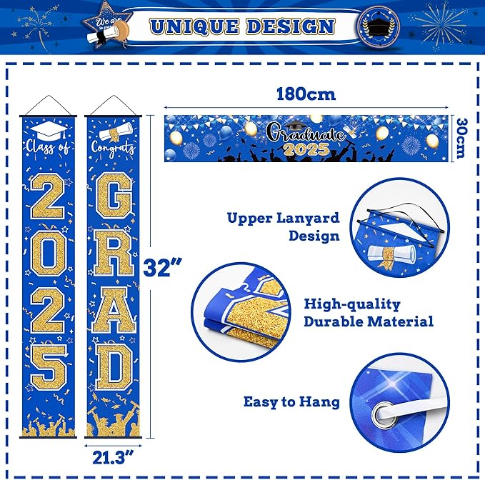 125 PCS Blue and Gold Graduation Party Decorations, 2025 Graduation Decorations, Class of 2025 Full Decor Set, Comgrats Grad Photo Banners, Tablecloth, Balloons, Cake Toppers