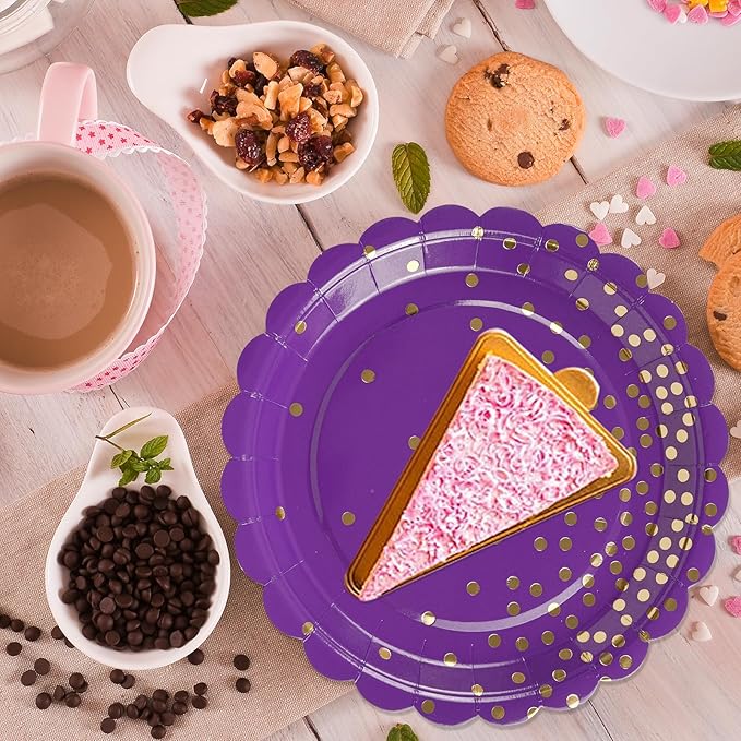 50PCS Purple Paper Plates and Napkins Set - Purple and Gold Dot Party Plates Disposable Party Tableware Dinnerware Set Party's Supplies Decorations for Birthdays, Baby Shower, Weddings and Holidays