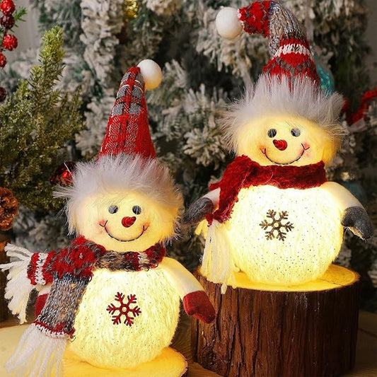 Juegoal 2 Pack Christmas Table Decorations, 10 Inch Lighted Plush Snowmen Figurines, Light Up Snowman Holiday Present, Battery Operated Xmas Gifts Winter Tabletop Ornaments Dinner Party Supplies