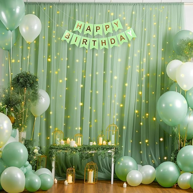10ft x 8ft Green Backdrop Curtain with Lights String for Parties, Sheer Tulle Wedding Photo Backdrops Drapes for Baby Shower Birthday Party Decorations Background for Photography