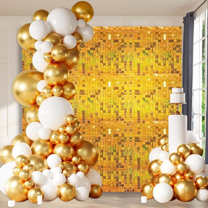 36 PCS Gold Shimmer Wall Backdrop, Laser Square Sequin Photo Backdrops Panel, Glitter Wall Background for Birthdays, Weddings, Halloween, Engagements, Disco Bachelorette Party Decoration (6FTx6FT)