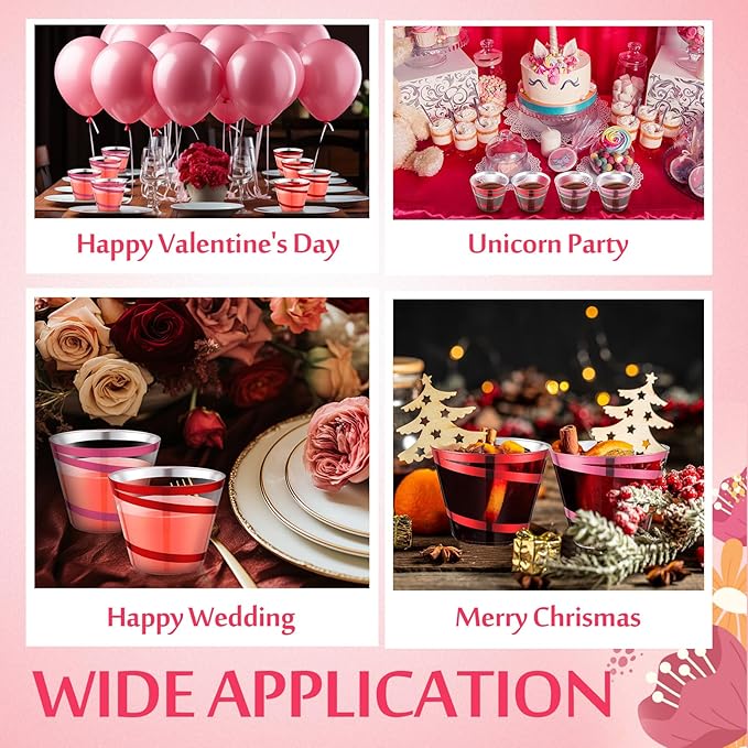 Gejoy 9 oz Rimmed Swirl Plastic Cups Disposable Wine Drinking Cups Clear Elegant Halloween Tumblers for Christmas Party Supplies(Red, Pink,100 Pcs)