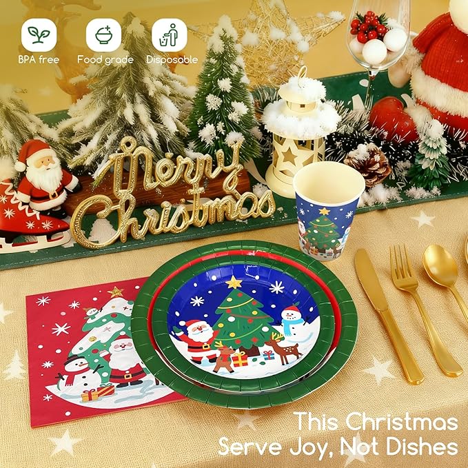 Christmas Paper Plates Disposable w/Napkins Cups & Cutlery, 50 Serves Santa Dinner Plates Sets, Heavy Duty Christmas Plates Disposable Supplies for Family, Winter Holiday Party Decrorations 175 pcs