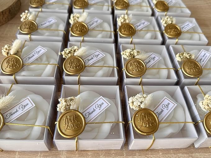 Personalized Rose Shaped Wedding Candle Favors with Seal Wax and Dried Flowers - Scented Soy Wax for Weddings, Bridal Showers, Baby Showers, Birthdays (10-20-30-40-50-100 PCS in Bulk)