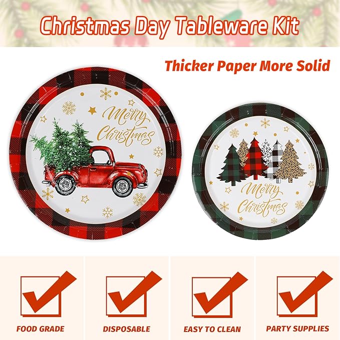 ANALIM 350 PCS Christmas Disposable Paper Dinnerware Set Includes Dinner Plates, Dessert Plates, Cups, Napkins, Knives, Forks, Spoons for Christmas Party Supplies