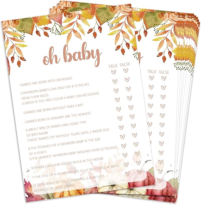 Oh Baby True Or False, Autumn Baby Shower Games Cards, Thanksgiving Boy or Girl Baby Gender Reveal Party Favors Decorations and Supplies, 25 Pcs Double-Sided - E04