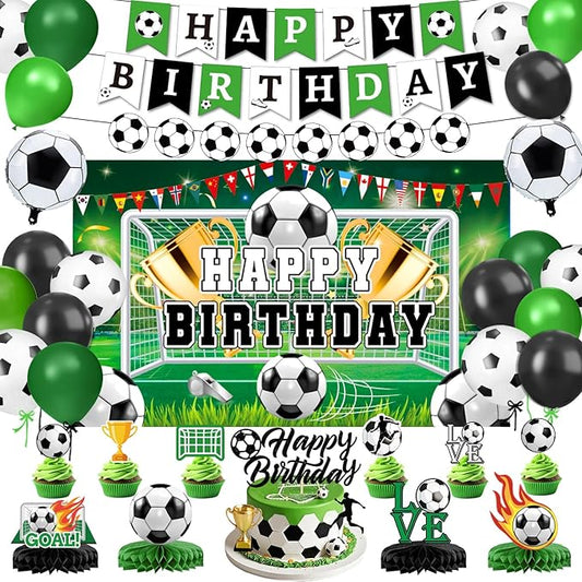 Soccer Birthday Party Decorations Includes Banner, Backdrop, Foil & Latex Balloons, Cake & Cupcake Toppers, Honeycomb Centerpieces for Boy Soccer Themed Party Decorations