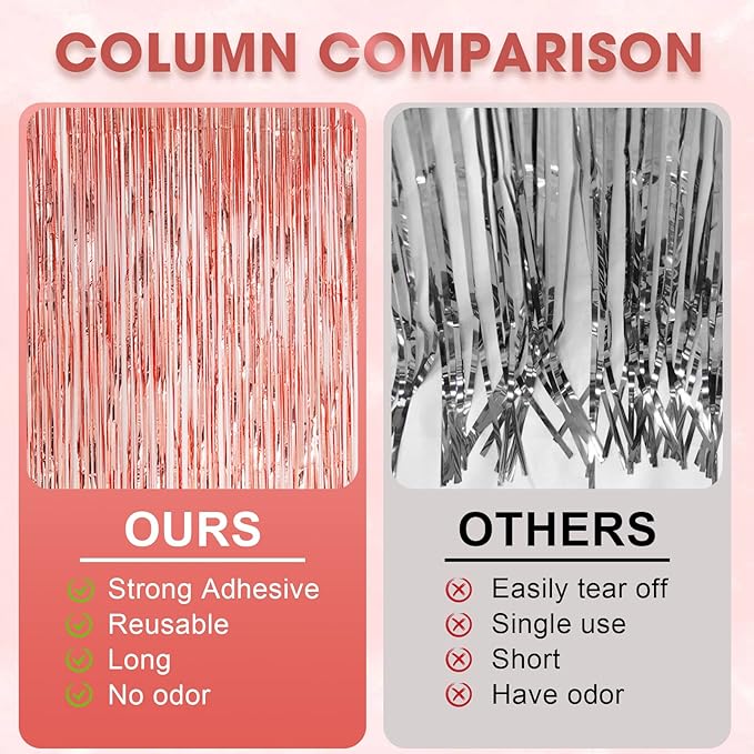 2 Pack Rose Gold Tinsel Foil Fringe Curtains, Rose Gold Party Decorations, Metallic Tinsel Party Streamers Backdrop for Birthday Baby Shower Graduation Wedding Party Decorations