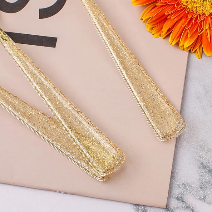 WELLIFE 150-Piece Gold Dessert Plates,Includes 50 Gold Glitter Party Plates,50 Cups & 50 Forks -Plastic Disposable Tableware Set for 50 Guests,Birthday Party,Wedding,Thanksgiving&Fall Decor