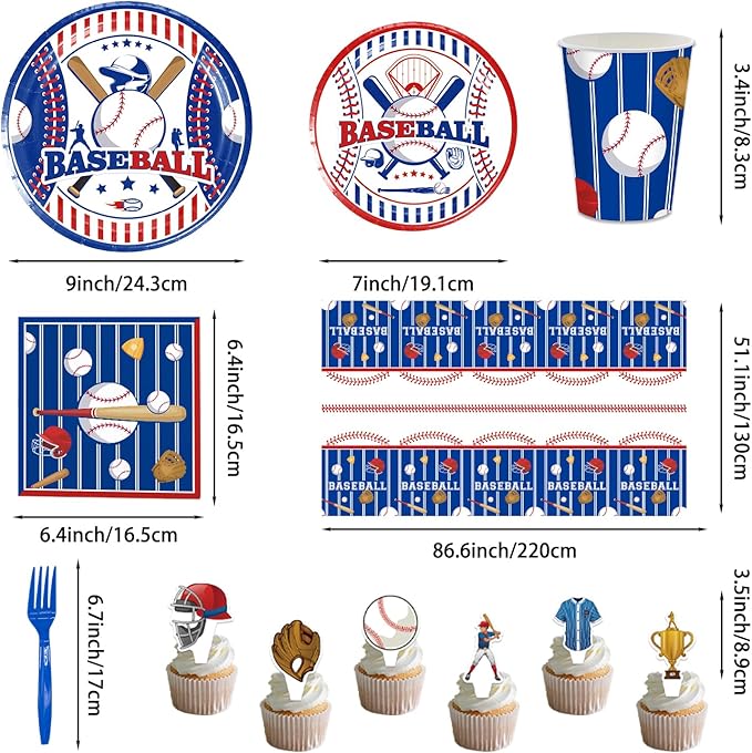 161PCS Baseball Birthday Party Decorations, Baseball Party Supplies Plates and Napkins Set, Tableware,Banner, Hanging Swirls, Tablecloth, Cake Cupcake Topper, Ballons
