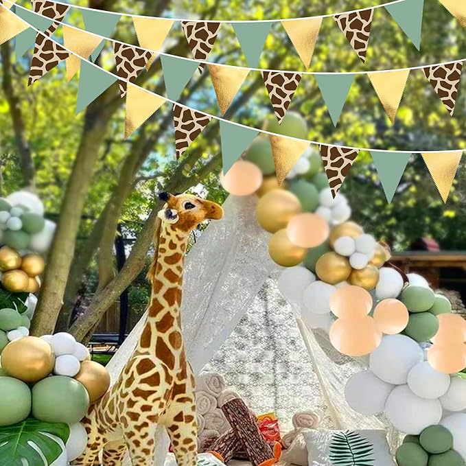 32Ft Jungle Safri Party Decorations Gold Sage Green Giraffe Printed Triangle Flag Fabric Banner Pennant Bunting Garland Streamer for Wild Animal Woodland Giraffe Birthday Baby Shower Party Decor