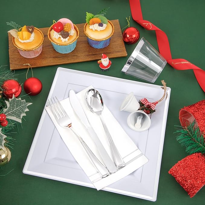 Festiva 350Pcs Silver Plates - Silver Square Plastic Plates 9 .5" and 6" - serve for 50 guests include 50 Cups 50Plastic Cutlery 50Hand Napkins Perfect for Party&Wedding&Birthday&Christmas