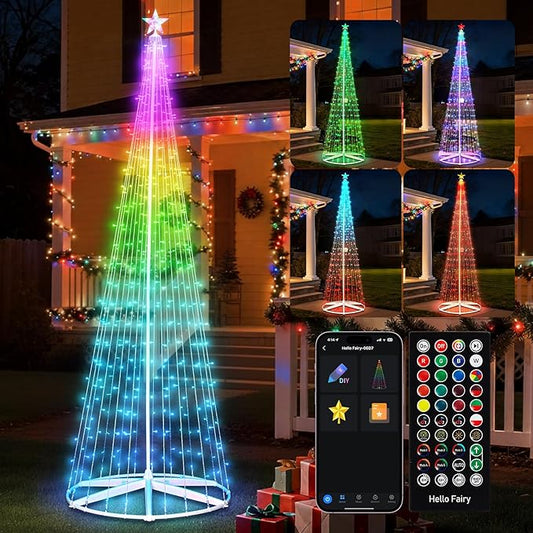 Brightown 12FT Outdoor Christmas Cone Tree Light, 443 LED Music Sync with Smart APP, Remote and Local Control, Pattern and Text Displayable, 16 Million Colors Light Show Tree for Indoor Decorations