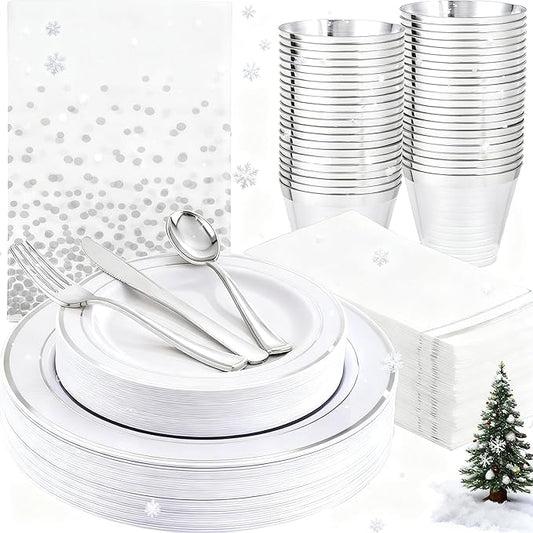 GATHER 176 Pieces Silver Plates - Disposable Silver Plastic Plates Includes 50 Plates, 75 Silverware, 25 Napkins, 25 Silver Rimmed Cups and 1 Tablecloth Perfect for Party & Weding & Christmas