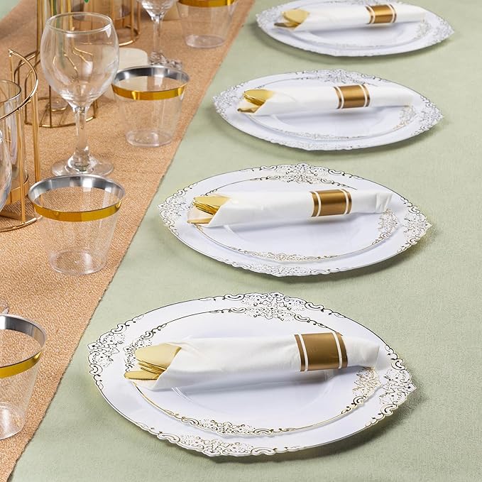 50 Pack Gold Plastic Silverware with Pre Rolled Napkins for 50 Guests, Heavyweight Gold Disposable Utensils Sets Includes 150 Plastic Cutlery, and 50 Napkins for Party & Wedding