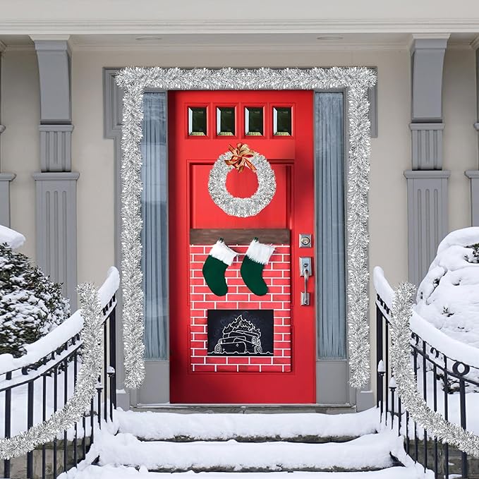 50FT Silver Christmas Tinsel Garland Metallic Twist Xmas Garland for Christmas Tree Decorations Holiday Hanging Garlands for Mantel Staircase Indoor Outdoor Home Office Class Party Holiday Decor