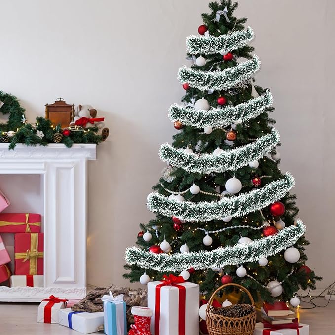 50 Feet Green Christmas Tinsel Garland Metallic Twist Shiny Hanging Garland for Christmas Tree Decorations Xmas Holiday Decor for Home Indoor Outdoor Party Supplies - Green