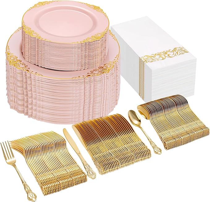 Ciaell 300PCS Pink and Gold Plastic Plates - Pink Disposable Dinnerware Sets for 50 Guests - 100 Plates, 50 Knives, 50 Forks, 50 Spoons, and 50 Napkins for Wedding, Anniversary and Party