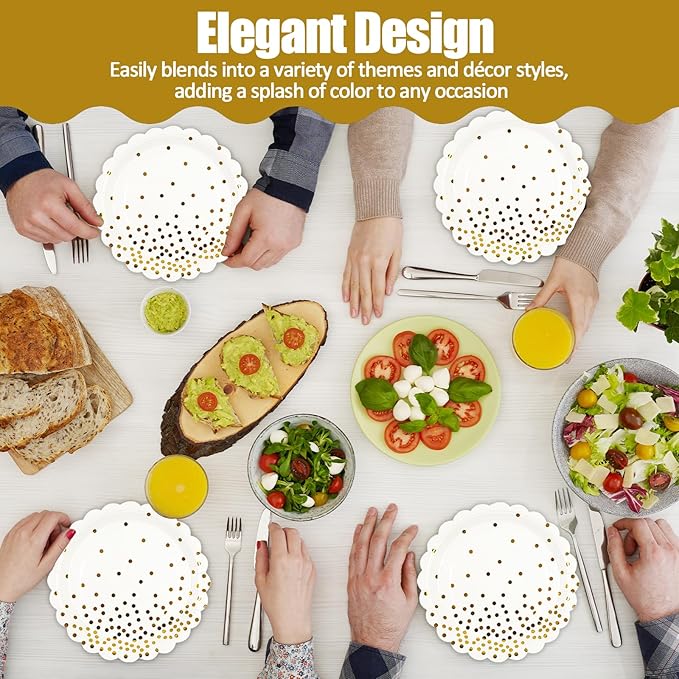 90PCS White and Gold Paper Plates Napkins Party Supplies,7Inch Scalloped Gold Dot Paper Dessert Plates and Napkins Set Disposable Birthday Cake Plate Tableware Party Supplies for Wedding