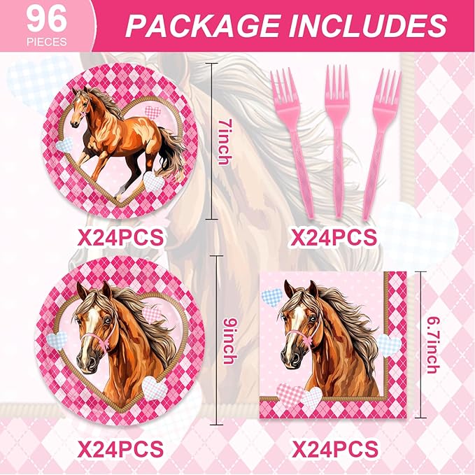 96Pcs Horse Party Supplies Pink Mustang Tableware Set Plates Napkins Forks Serves 24 Guests Pink Cowgirl Baby Shower Birthday Party Decorations